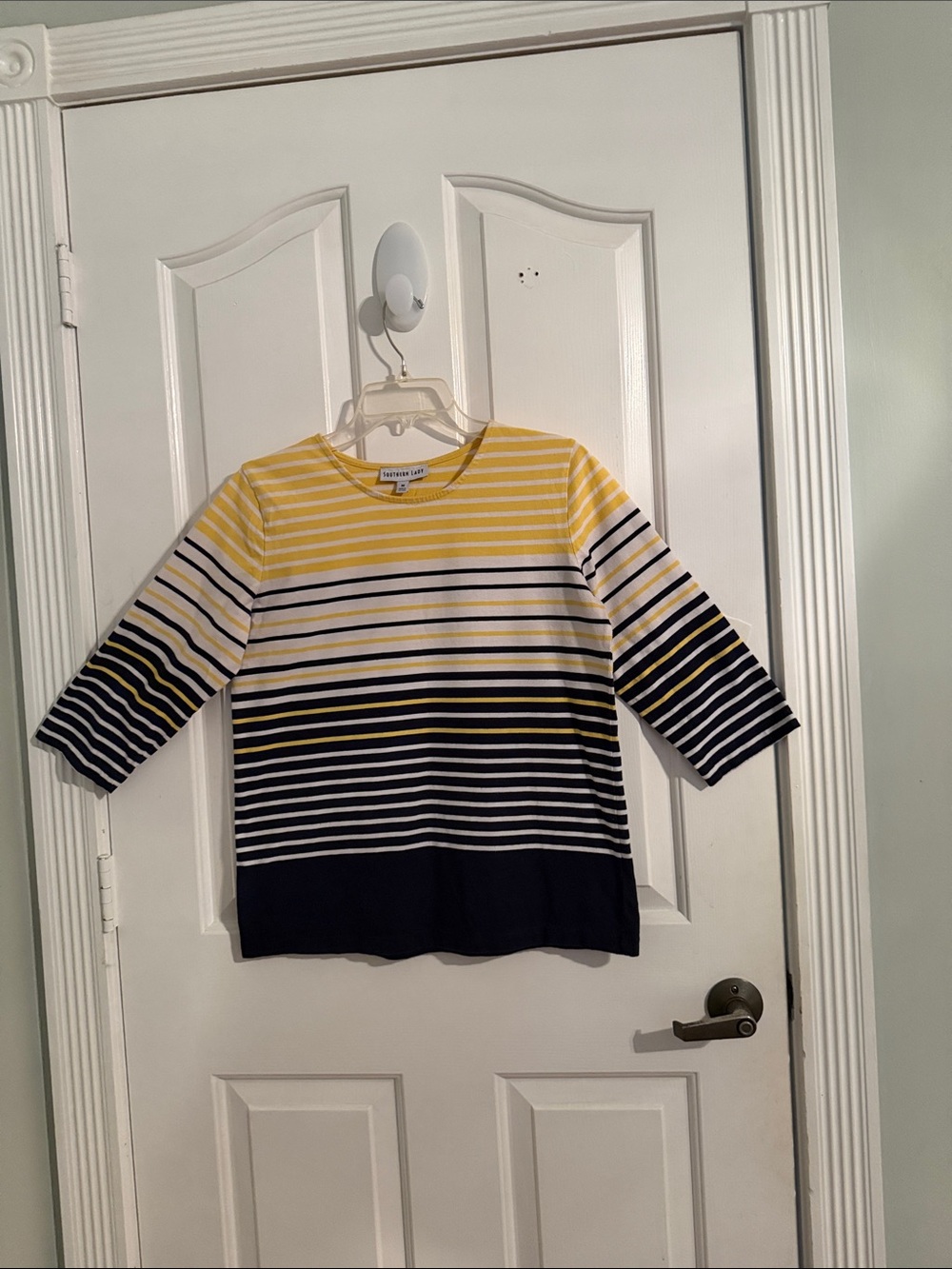 Southern Lady Yellow Navy White Striped Three-Quarter Sleeve Top